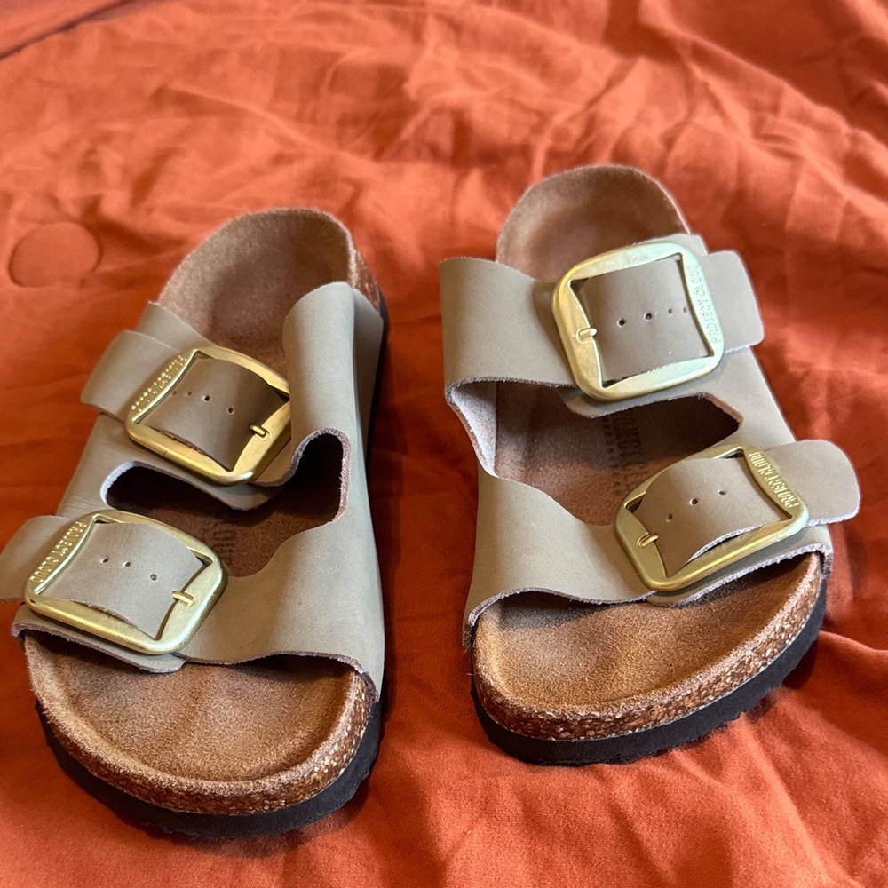 Women's Two-Strap Taupe Sandals with Gold Buckles - Picture 3 of 6